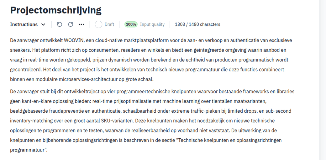 De sectie Projectomschrijving van een WBSO-aanvraag in Twin, geschreven met de projectcontext van de aanvrager, met de tekenteller op 1303 van de 1480 toegestane tekens.