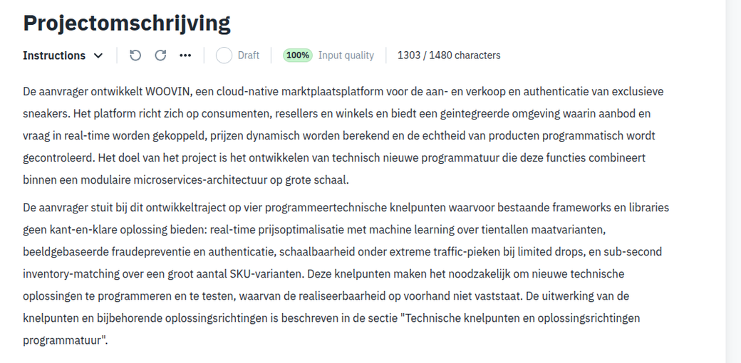 De sectie Projectomschrijving van een WBSO-aanvraag in Twin, geschreven met de projectcontext van de aanvrager, met de tekenteller op 1303 van de 1480 toegestane tekens.